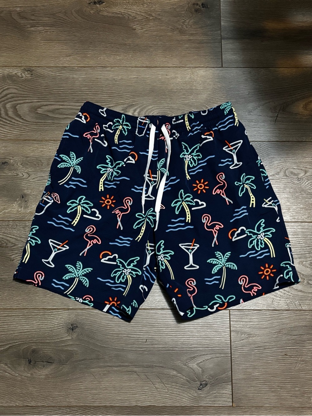 Men's Chubbies Navy Tropical Print Swim Trunks with Multicolor Neon Motifs